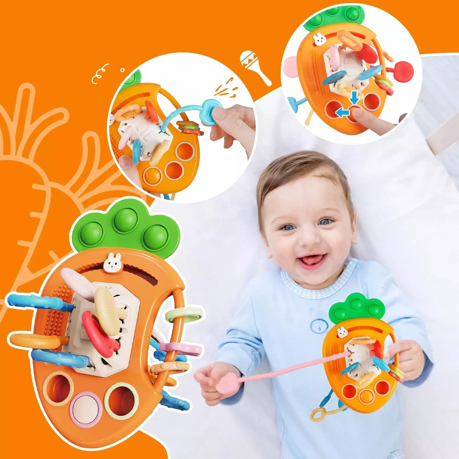 Juguete zanahoria baby Tiras de silicona sensorial 5 en 1 - Imagen 7