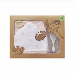 Pack Capa Baño, Cepillo y Peine Topos Rosa